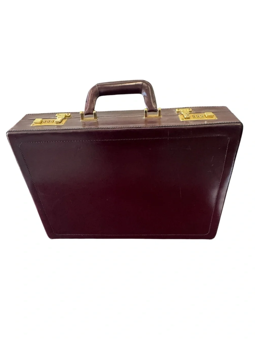 High End Franzen Deep Maroon Top Grain Vintage Leather Briefcase & Gold Hardware